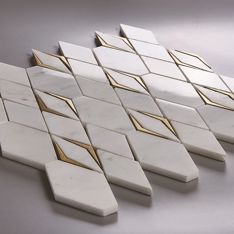 Diamond shape white marble and glass mosaic HS999-1