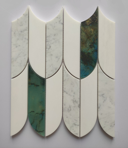 Marble White Glass Brass Feather shape Marble Mosaic HS240607