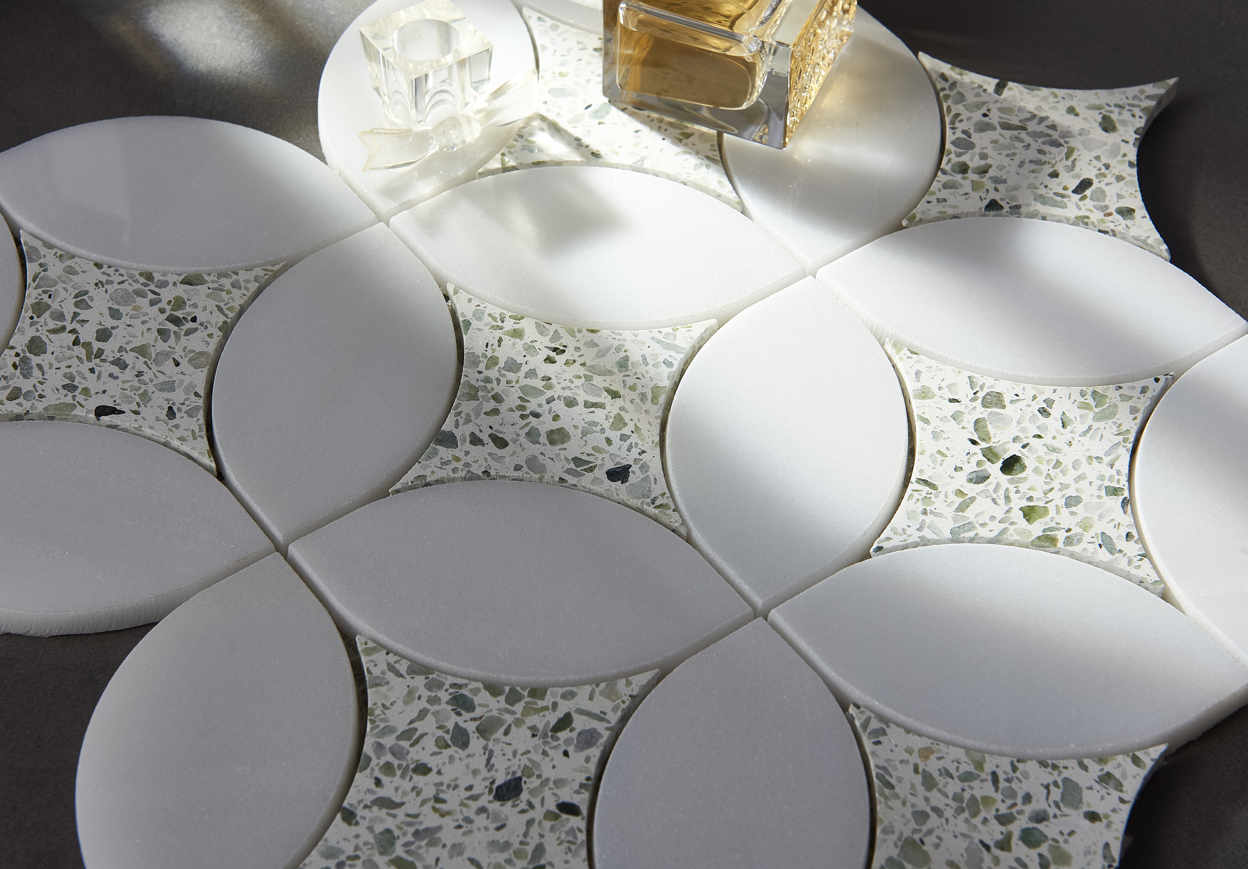 Water Jet marble white and terrazzo green mosaic YC2307