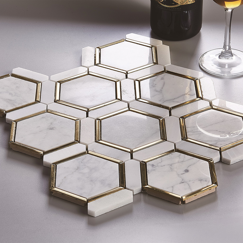  Marble white and golden metal mosaic HS991